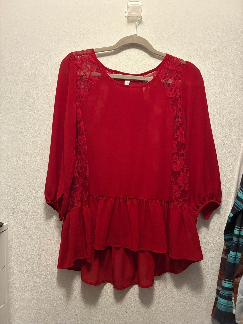 Charming Charlie Red Lace-Trim Ruffle Hem Blouse